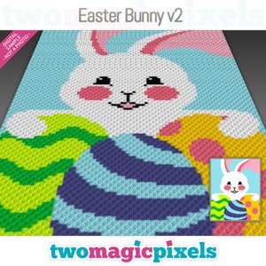 May include: A crochet pattern featuring an Easter bunny holding colorful eggs. The bunny is white with pink cheeks and a light blue background. The eggs are green, blue, yellow, and pink.