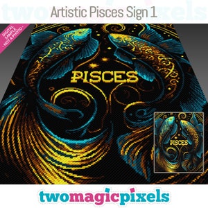 Artistic Pisces Sign 1 crochet graph cross stitch; (c2c, mini c2c, sc, hdc, dc, tss); knitting; PDF download, no counts/ instructions