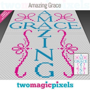 Puede incluir: Patrón de punto de cruz para un diseño que dice "Amazing Grace" en letras azules y rosas. Las letras están rodeadas de un diseño floral rosa.