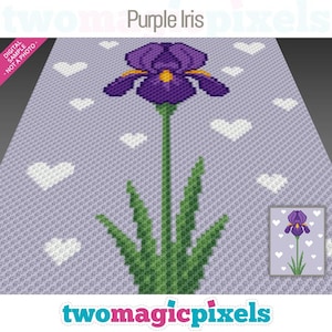 May include: A digital design featuring a purple iris flower with yellow accents, green stem and leaves, and white hearts on a lavender background. The text "Purple Iris" is at the top. The design includes a smaller version of the iris.