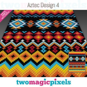 May include: Aztec Design 4 crochet pattern featuring a colourful geometric design with red, orange, yellow, blue, and white colours on a black background. The pattern is repeated throughout the design. The pattern is also shown in a smaller version on the right side of the image.