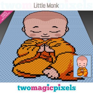 May include: A pixel art pattern of a little monk meditating in a seated position with hands clasped in prayer. The monk is wearing a yellow and orange robe. The background is light blue.