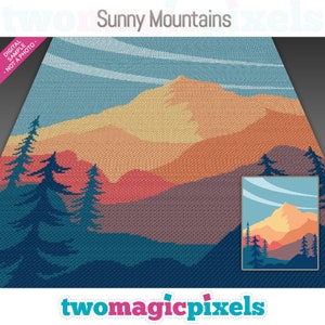 Peut inclure: Un modèle de crochet pour un paysage de montagne coloré avec un ciel bleu et des nuages blancs. Le motif comprend une chaîne de montagnes avec un sommet, des arbres et un ciel de coucher de soleil. Le texte "Sunny Mountains" est en haut de l'image.