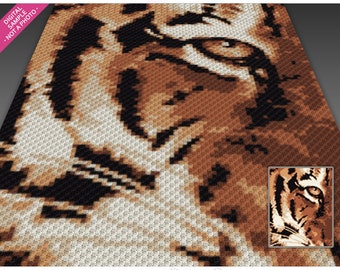 May include: A close-up of a crochet pattern for a tiger's eye. The pattern is made up of small squares in different shades of brown, black, and white. The text "Tiger Eye + C2C counts" is at the top of the image. The image is a digital sample, not a photo.