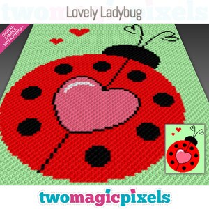 May include: A crochet pattern for a red ladybug with black spots and a pink heart. The pattern is called "Lovely Ladybug" and is from the website "twomagicpixels.com".