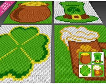 Virkade mönster för St. Patrick’s Day-kuddar, C2C Graphgan PDF, Lucky Holiday-kuddmönster (inga räkningar ingår)