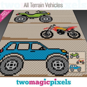 May include: A crochet pattern for making a variety of all-terrain vehicles, including a green ATV, a red dirt bike, and a blue monster truck. The pattern includes instructions for making the vehicles and their wheels.