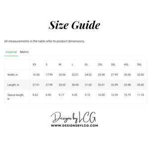 May include: Size guide table with measurements in inches for different sizes of clothing, from XS to 5XL. The table includes measurements for width, length, and sleeve length.