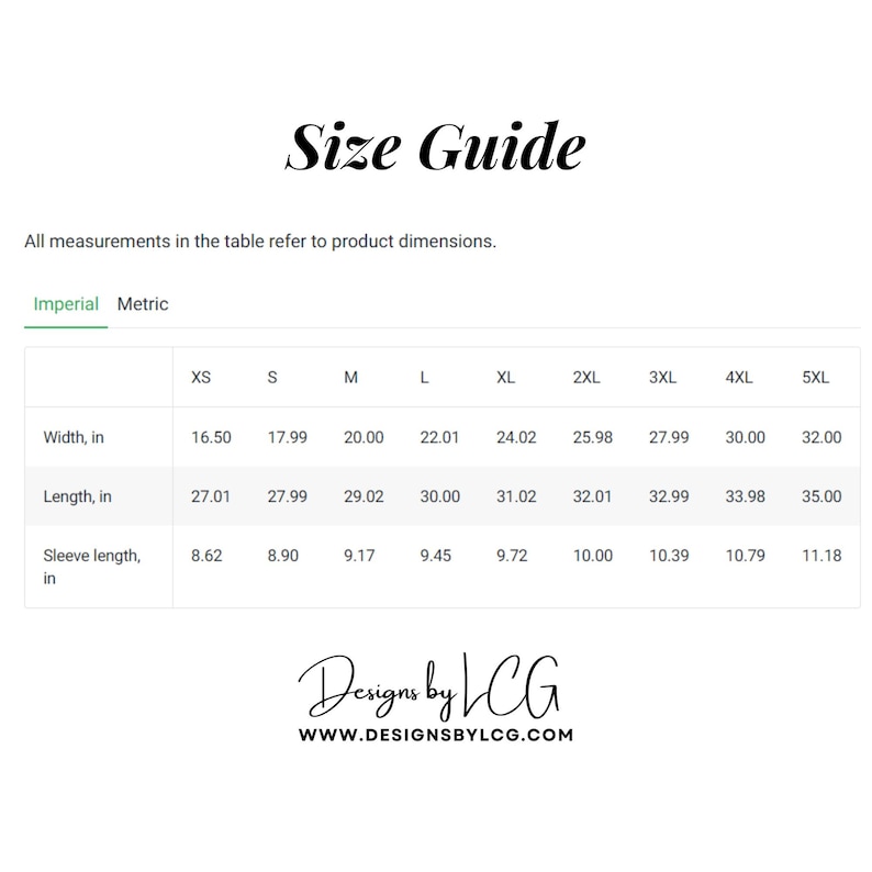 May include: Size guide table with measurements in inches for different sizes of clothing, from XS to 5XL. The table includes measurements for width, length, and sleeve length.