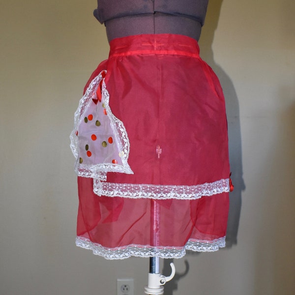 Vintage Red Chiffon Christmas Apron / 1950's Apron / Christmas Tree Apron / Polka Dot Apron