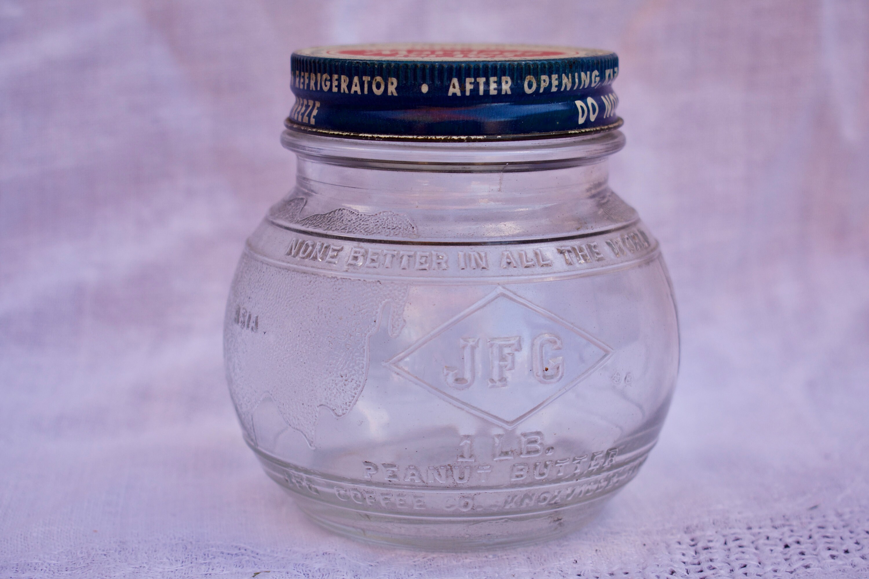 Vintage JFG Peanut Butter Globe Jar NBC sponsor lid Knoxville Etsy