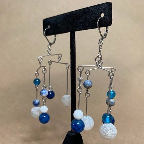 Blue Agate Quartz Sodalite Crystal Mother of Pearl Sphere Glass Silver Dangle Mobile Kinetic Modern Earrings Michiel Made MichielMade