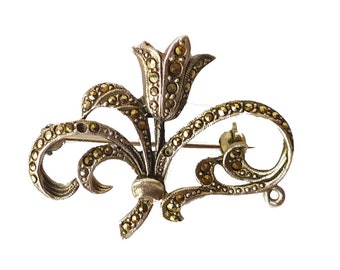 Art Nouveau Style Marcasite (yellow pyrite) & Silver Floral Spray Brooch