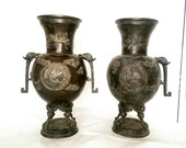 A Pair of Antique Japanese Meiji Period (1868-1912) Bronze Dragon Vases (602)