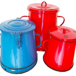 Vintage Red and Blue Enamel Kitchen Storage Pots - 3 Sizes