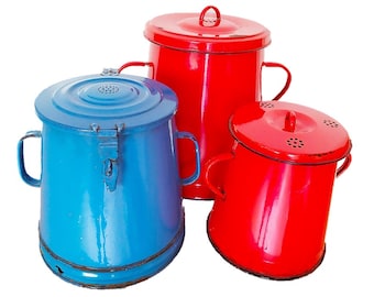 Vintage Red and Blue Enamel Kitchen Storage Pots - 3 Sizes