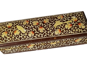 Antique Persian Lacquered Qalamdan (Pen box) Handpainted with Flowers & Vines