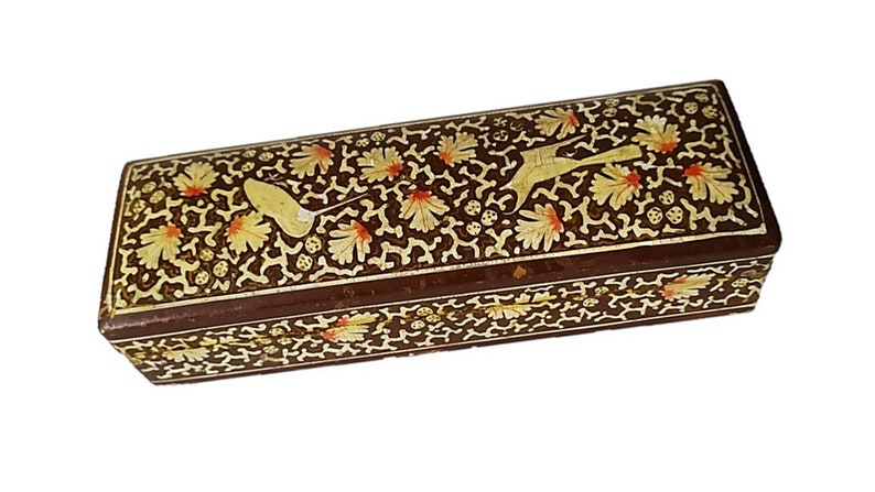 Antique Persian Lacquered Qalamdan (Pen box) Handpainted with Flowers & Vines