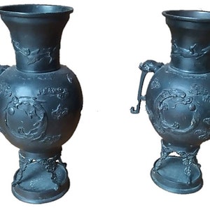 A Pair of Antique Japanese Bronze Dragon Vases Meiji Period c1868-1912