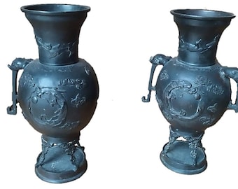 A Pair of Antique Japanese Bronze Dragon Vases Meiji Period c1868-1912