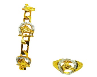 Armband und Ring mit Pferd und Hufeisen aus 9-karätigem Gelbgold und Diamanten – 2 Ausführungen
