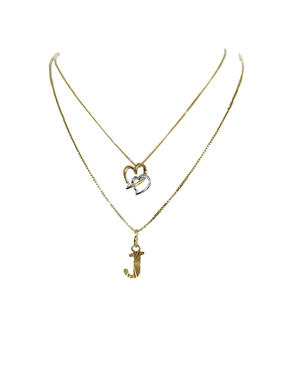 9ct Gold Heart and J Pendants on Gold Chains - 2 S