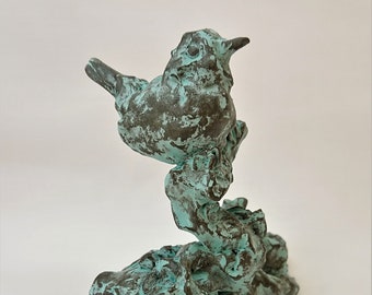 Verdigris Bronze Effect Wren Sculpture, Handmade Bird Figurine
