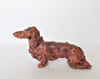 Rot Langhaar Dackel Skulptur, Keramik Hund Kunst
