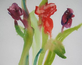 Three Tulips/original small watercolour/