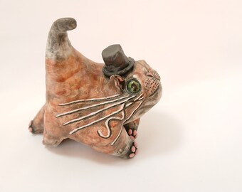 Original Ceramic Cat Sculpture, Ginger Cat in Top Hat
