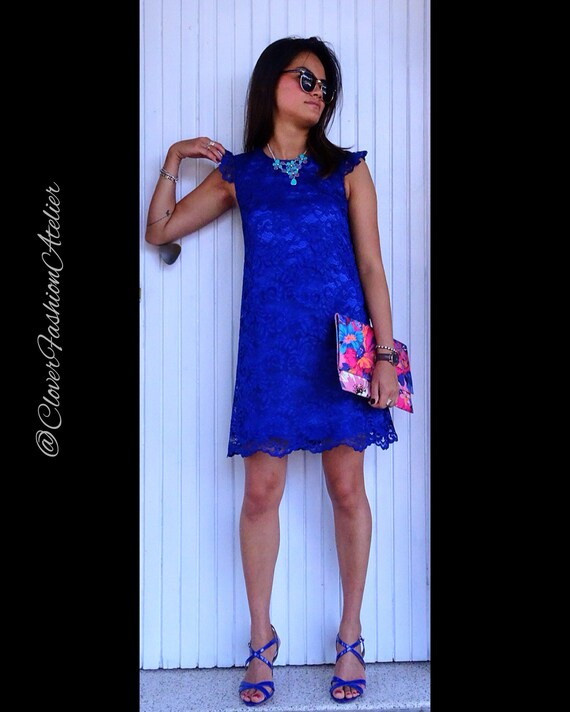 Electric Blue Lace Short Dress A-shape 