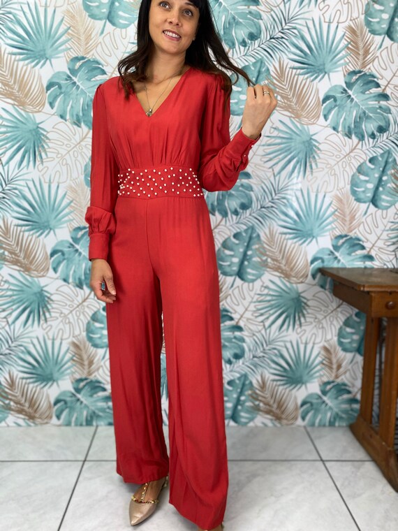 Tuta intera elegante di cotone morbido rosso vivo con scollo | Etsy Italia