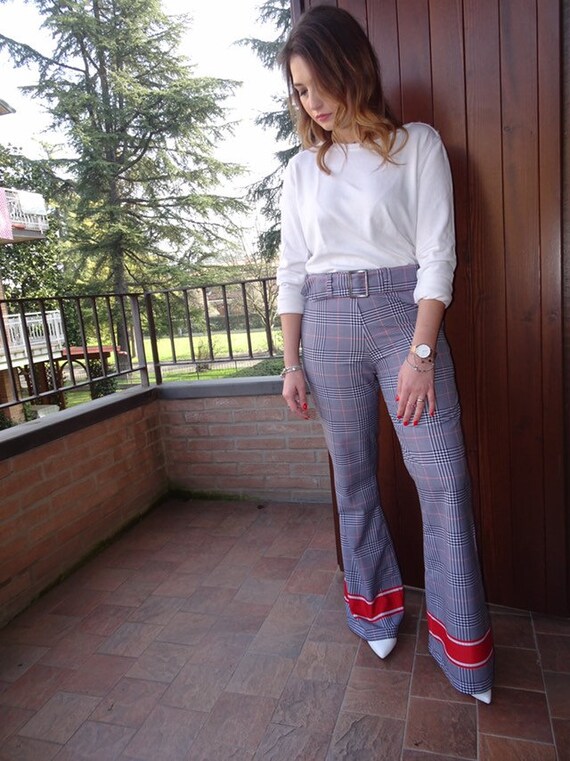 red tartan high waisted trousers