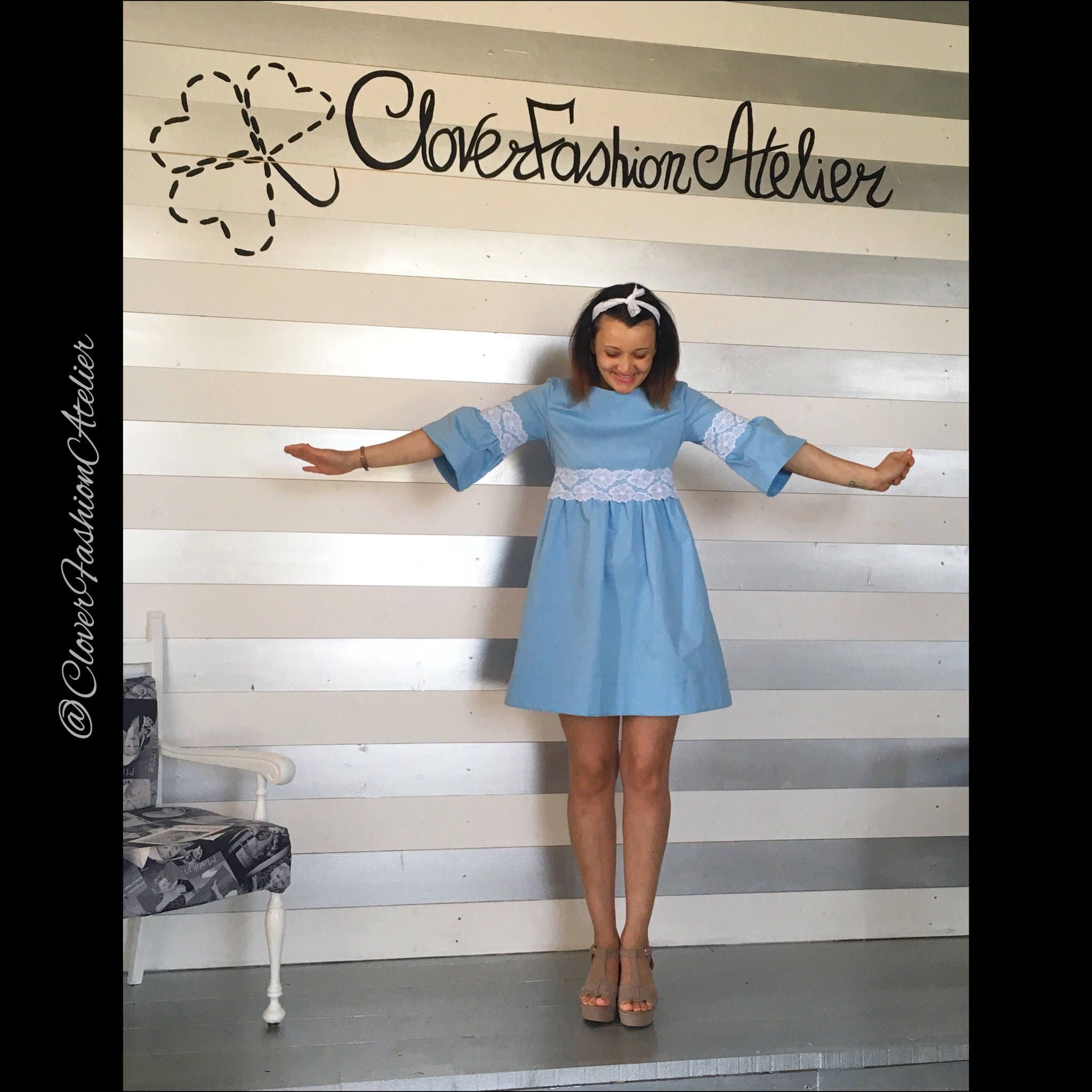 Summery Mini Dress in Light Blue Cotton With White Lace -  Singapore