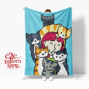 May include: A crochet blanket featuring a pixelated design of a girl surrounded by cats. The cats are various colors, including orange, white, black, and gray. The blanket is blue with a textured pattern.