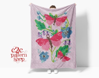 C2C Butterflies and Flowers Crochet Pattern with Written Instructions / Graphgan Patterns / Crochet Afghan / Crochet Blanket