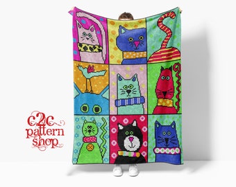 Colorful Cat Crochet Pattern!  Use single crochet (SC) to make this beautiful cat afghan!  You can also use c2c or tunisian stitch.