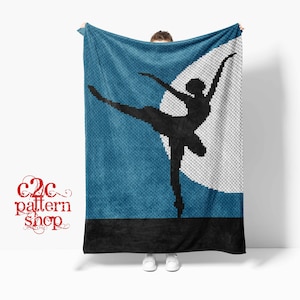 May include: A blue and white crochet blanket with a silhouette of a ballerina dancing in front of a moon.