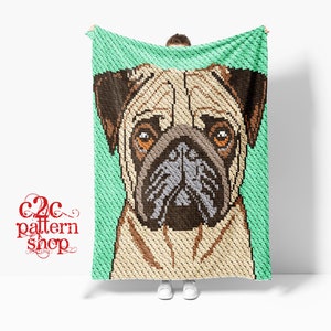 C2C Pug Dog Crochet Pattern with written instructions, full graph and (tips, links to yarn calculators and tutorials)