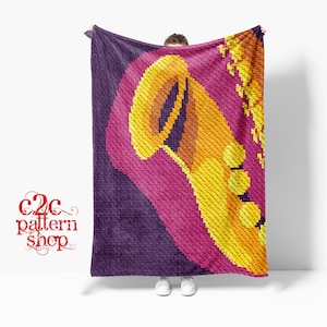 Patrón de ganchillo de música de saxofón C2C / Esquina a esquina / Patrón C2C / C2C Graphgan / Manta de ganchillo C2C / Patrón escrito C2C / C2C afgano