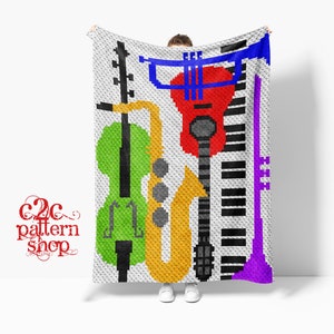 C2C Music Instruments Crochet Pattern / C2C Guitar Flute Cello Piano Trumpet / C2C Music Blanket / Corner to Corner