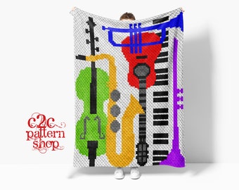 C2C Music Instruments Crochet Pattern / C2C Guitar Flute Cello Piano Trumpet / C2C Music Blanket / Corner to Corner