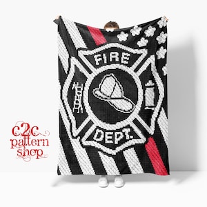 May include: A black and white crochet blanket with a red stripe. The blanket features a firefighter emblem with the words "FIRE DEPT." and a firefighter's helmet.