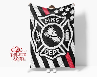 May include: A black and white crochet blanket with a red stripe. The blanket features a firefighter emblem with the words "FIRE DEPT." and a firefighter's helmet.