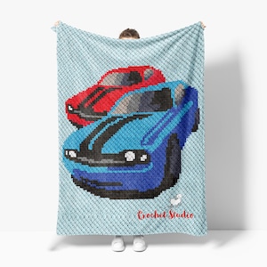 Padrão de crochê de carros de corrida C2C com instruções escritas/coloridas, gráfico completo e (dicas, links para calculadoras de fios e tutoriais)