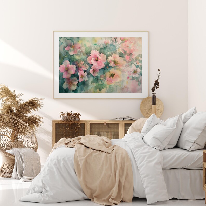 Pink Watercolor Flowers Print | Floral Landscape Print | Summer Wall ...