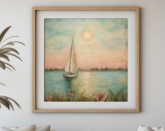 ヴィンテージの帆船湖の絵画：穏やかな航海の壁アート（印刷可能