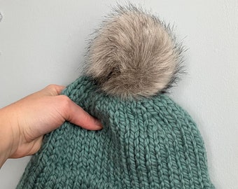 Double Brim Beanie - Seafoam - Knitted Hat with Faux Fur Pom