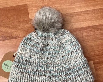 Double Brim Beanie - Teal Stone - Knitted Hat with Faux Fur Pom