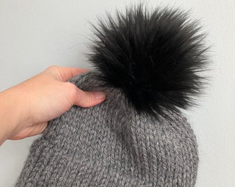 Double Brim Beanie - Gray with Black Pom - Knitted Hat with Faux Fur Pom